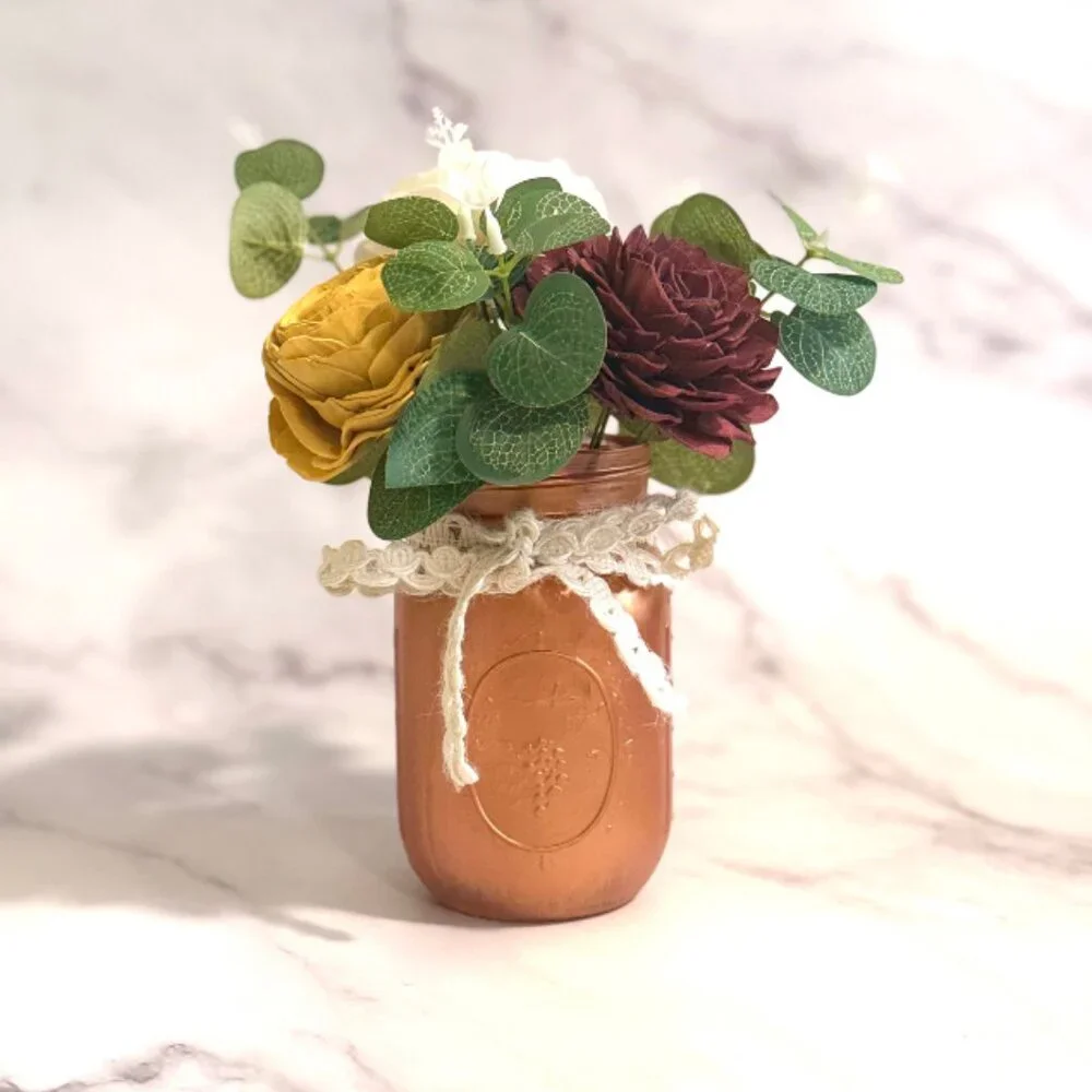 Sola Wood Flower Cream Burgundy Rose Arrangement in Gold Mason Jar, Home Decor